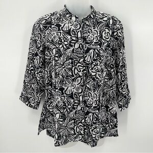 Laura Ashley Petites Linen Blouse PM Black White Floral Lightweight 3/4 Sleeve